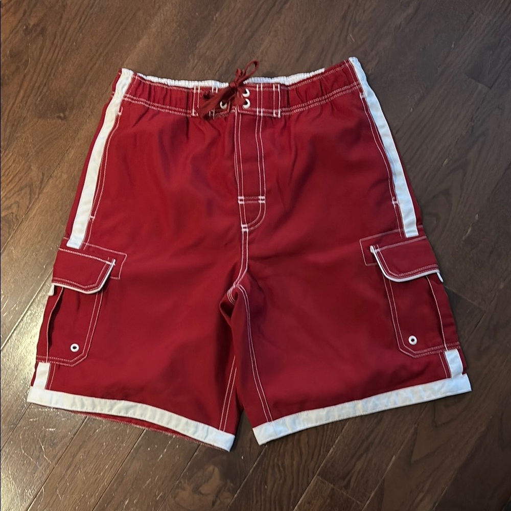 Red Cargo Swim Shorts with White Trim
